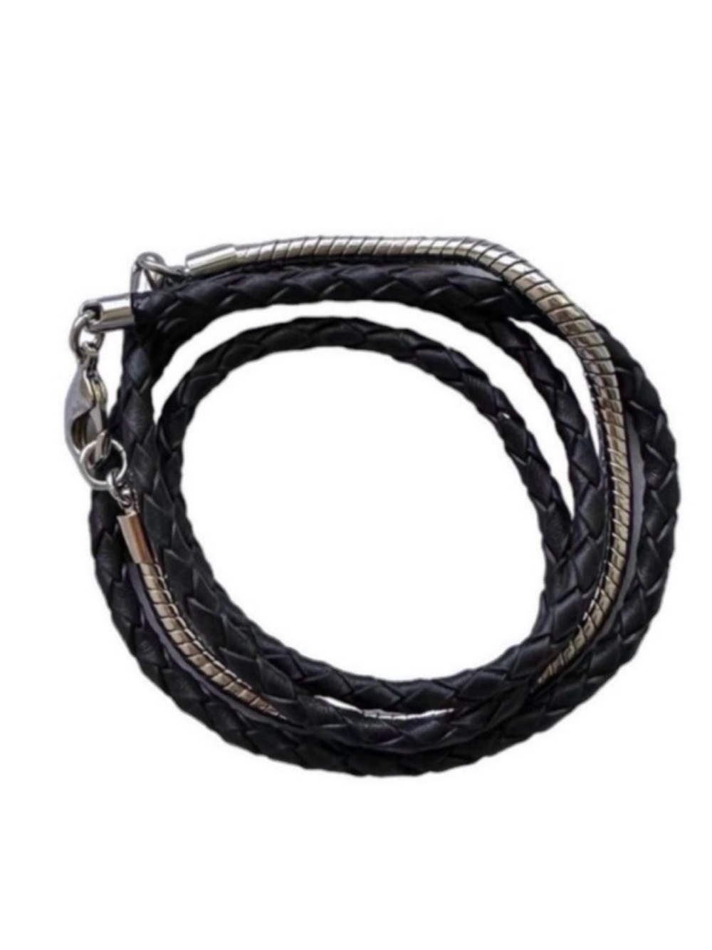 BeBe Black Woven Leather and Silver Chain Wrap Bracelet